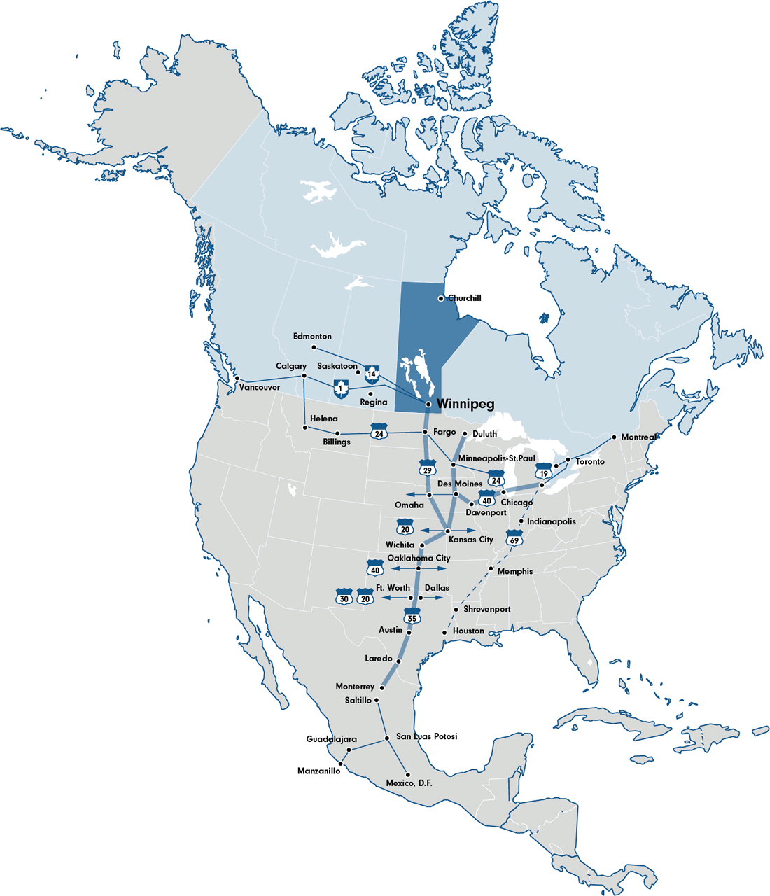 map of Mid-Continent trade and transportation corridor between Mexico and Canada